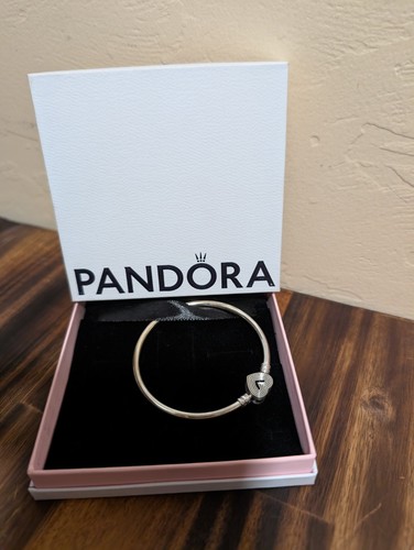 New Pandora Silver Charm Heart Clasp Bangle Bracelet - Silver