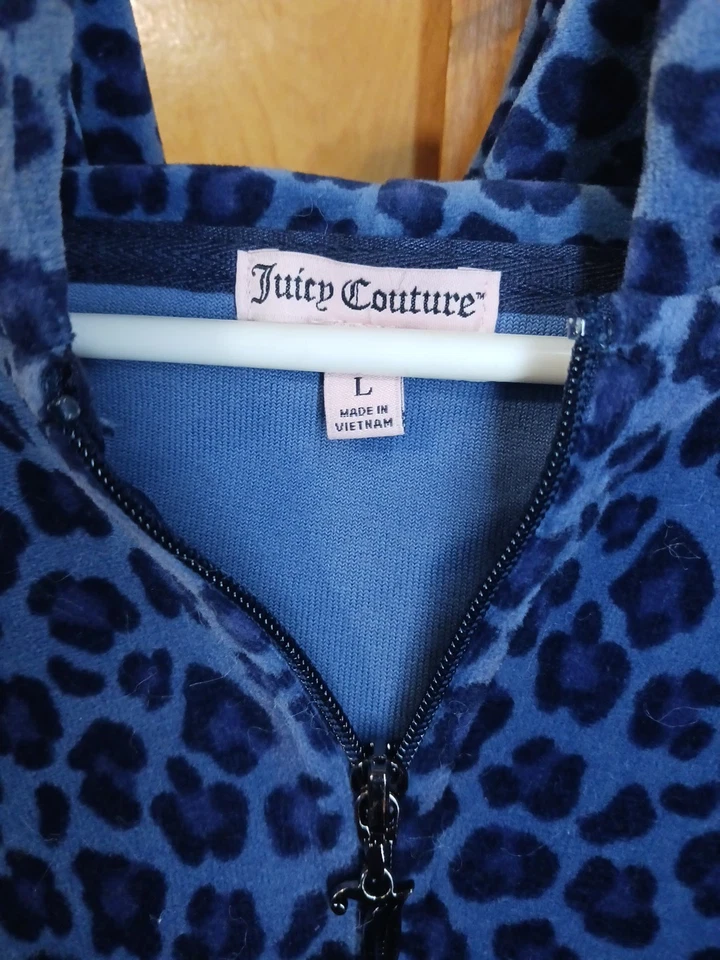 Vintage Y2K Juicy Couture Velour Leopard Tracksuit Hoodie Blue LARGE - Image 3 of 4