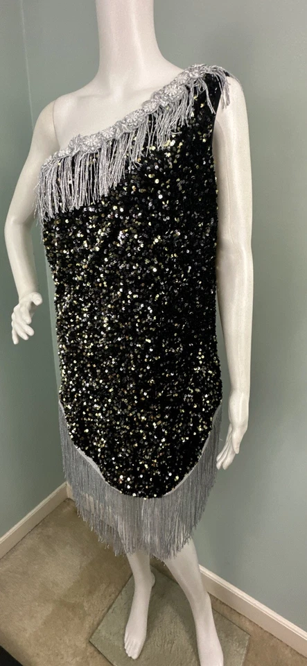 Vestido Pixiemain Flapper para mujer 4 piezas años 20 negro/plateado accesorios de disfraz XL Foto 3 de 4