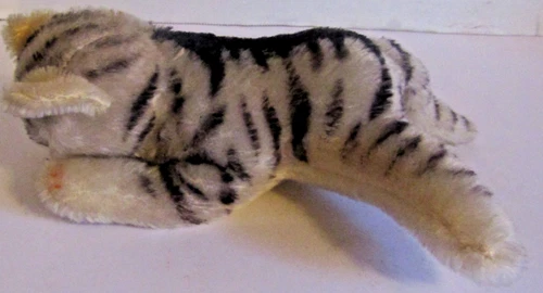 Vintage Steiff Gray Striped Floppy Sleeping Cat Mohair with Button in Ear