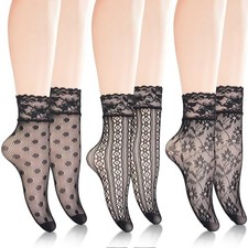 3 Pairs Black Lace Socks Women, Lace Sheer Socks, Women's Ankle Ruffle Frilly