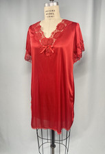 Vintage Nightgown SIZE SMALL red nylon lace PETRA FASHIONS 80s 90s modest