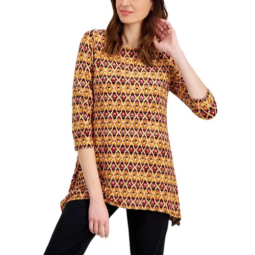 JM Collection Women's Geo-Print Jacquard Swing Top – Mustard Seed Combo, Large - Picture 1 of 4