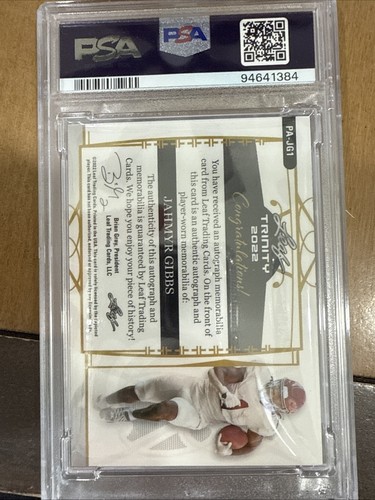 2022 Leaf Trinity - Patch Auto Jahmyr Gibbs #PA-JG1 Silver /99 (AU, MEM, RC) - Picture 4 of 4