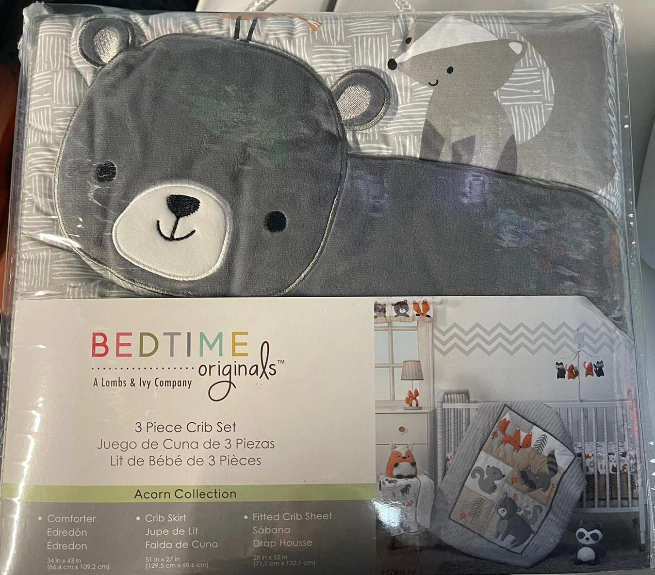 Bedtime Originals Lambs Ivy Acorn 3-Piece Crib Bedding Set - Gray, Animals,