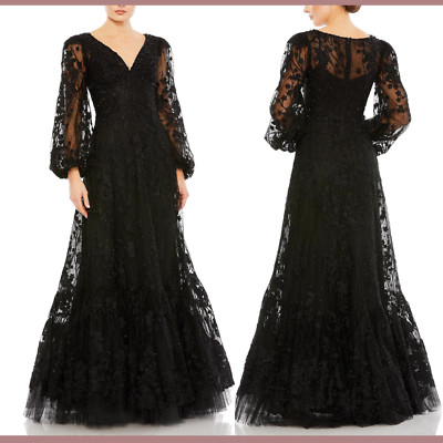 NWT Mac Duggal [ 16 ] 20430 V Neck Puff Sleeve A Line Embroidered Gown Bl J1091