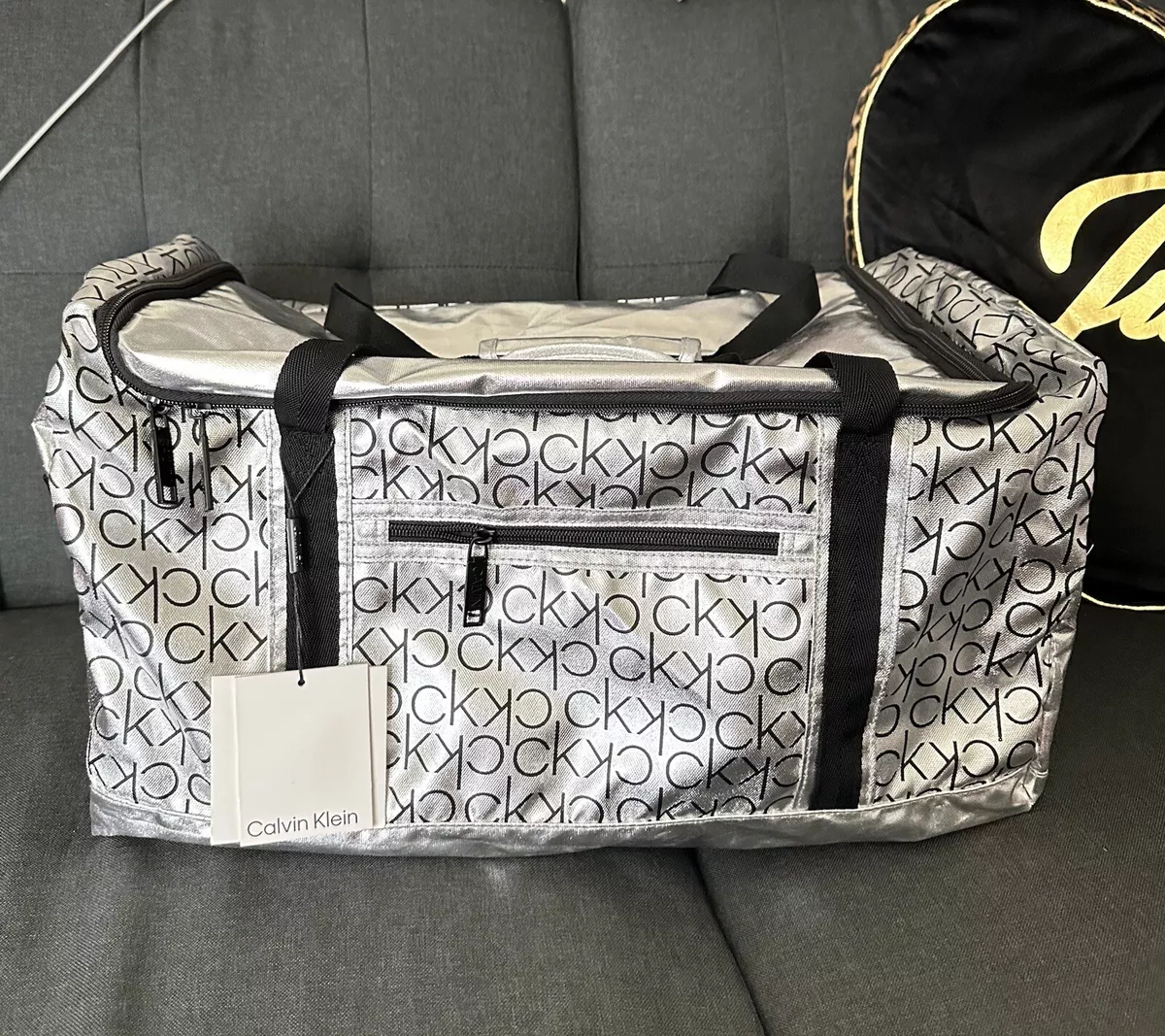 Calvin Klein Metallic Silver Logo Nylon Duffle Bag NWT MSRP $199