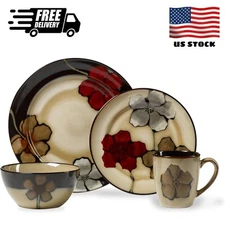 Painted Poppies 16-Piece Stoneware Dinnerware Set, Service for 4, Tan/Assorted -