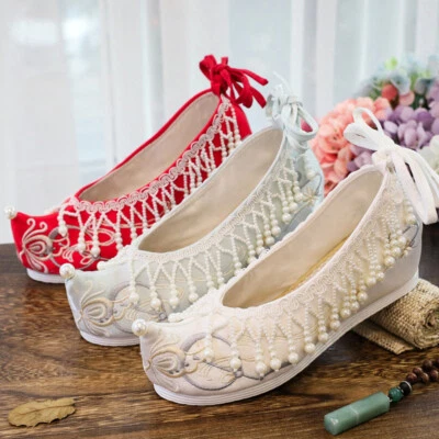 Damen Chinesisch Bestickt Tuch Schuhe Hochzeit Perlen Ethnisch Dick Absatz - Bild 1 von 4