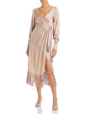 fringe trim long sleeve faux wrap dress Pink Floral Fringed Magdalena Velvet Wrap Dress Large