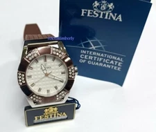 Festina Ladies Round Zirconia Quartz Watch 40mm Brown Rubber Strap NEW F16563/2