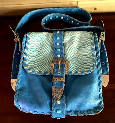 Charm and Luck Teal Rhinestone Leather Handbag Purse