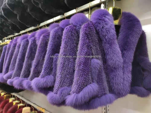 100%Real Knitted Mink Fur Cape with Fox Fur Collar Poncho Coat Jacket Overcoat - Picture 40 of 43