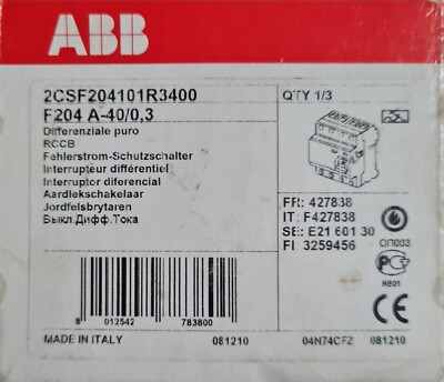 ABB F204 A-40/0,3/4-polig 2CSF204101R3400 Fehlerstrom-Schutzschalter FI 0,3A 40A