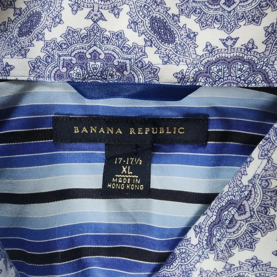 Banana Republic Shirt Men XL 17-17 1/2 Blue French Cuff Geometric Medallion EUC - Image 4 of 4