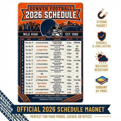 Denver Broncos NFL Football 2026 Schedule Magnet | Refrigerator Schedule