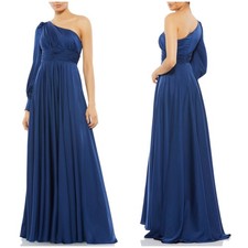 Mac Duggal NWT One Shoulder Bishop Sleeve Flowy Satin Gown Midnight Blue Size 2