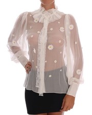 Dolce & Gabbana White Daisy Applique Silk Women's Shirt Authentic