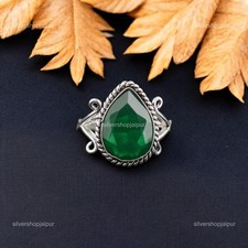 925 Solid Silver Pear Green Onyx Stone Solitaire Statement Birthday Ring Jewelry