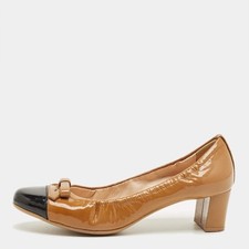 Prada BrownBlack Patent Leather Cap Toe Bow Block Heel Pumps Size 36
