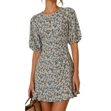 Faithfull The Brand Floral Mini Dress Elbow Sleeve Flounce Hem Cottagecore SZ S