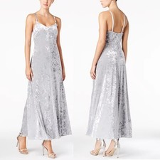 CALVIN KLEIN Strapped Crushed Velvet Slip Silhouette Maxi Dress , XS Silver