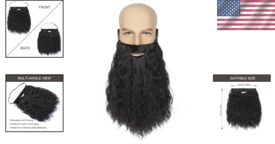 Long Curly Black Synthetic Beard with Adjustable Band for Easy Wear & Comfort - Image 2 of 4