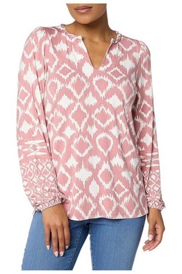Belle by Kim Gravel Women's Dyed Geometry Split Neck Top Silver Pink