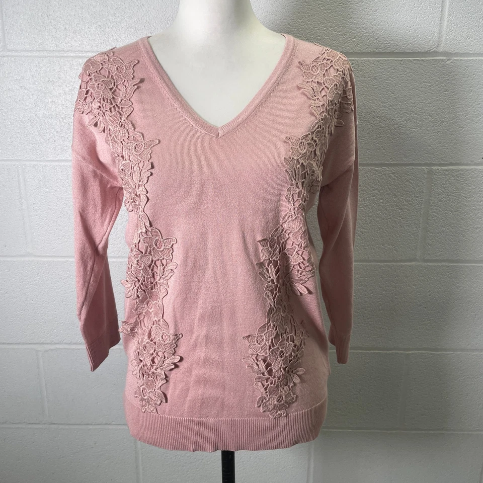 Suéter Elle Mujer Pequeño Rosa Tejido Encaje Detalle Manga Larga Cuello en V Pullover Foto 2 de 4