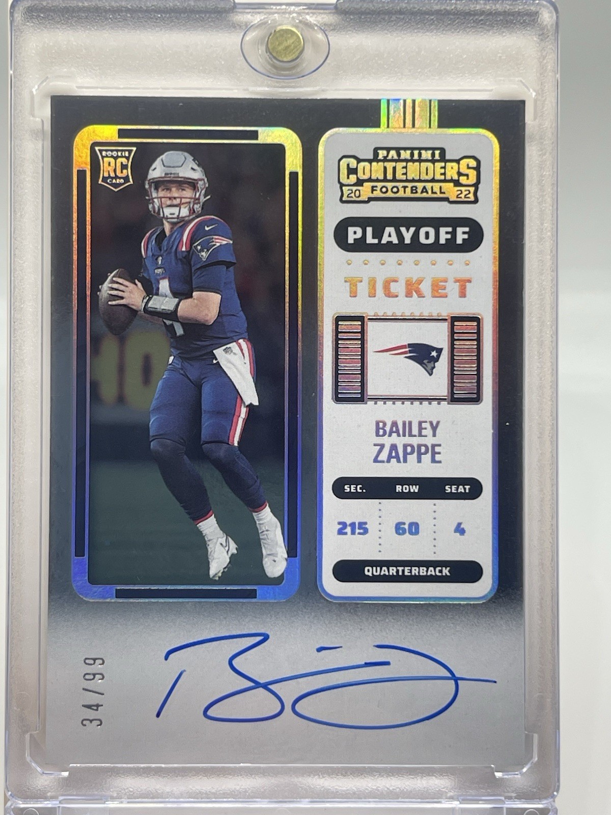 2022 Contenders Rookie Ticket RPS Bailey Zappe #104 Playoff Ticket /99 (AU, RC)