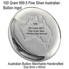 999.5 Silver Ingot Round 100 Grams Australian Certified Bullion Handcrafted 85.14 per troy oz