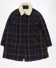 Cooperative Women's Blue Check Wool Pea Coat Lined Mid-Length L