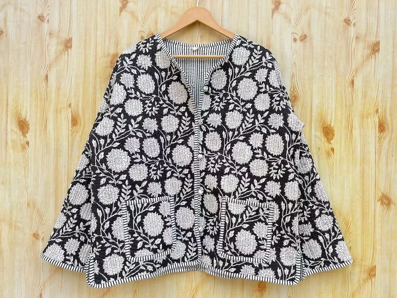 Indian Black Floral Printed Cotton Quilted Unisex Jacket Women's Clothing Jacket