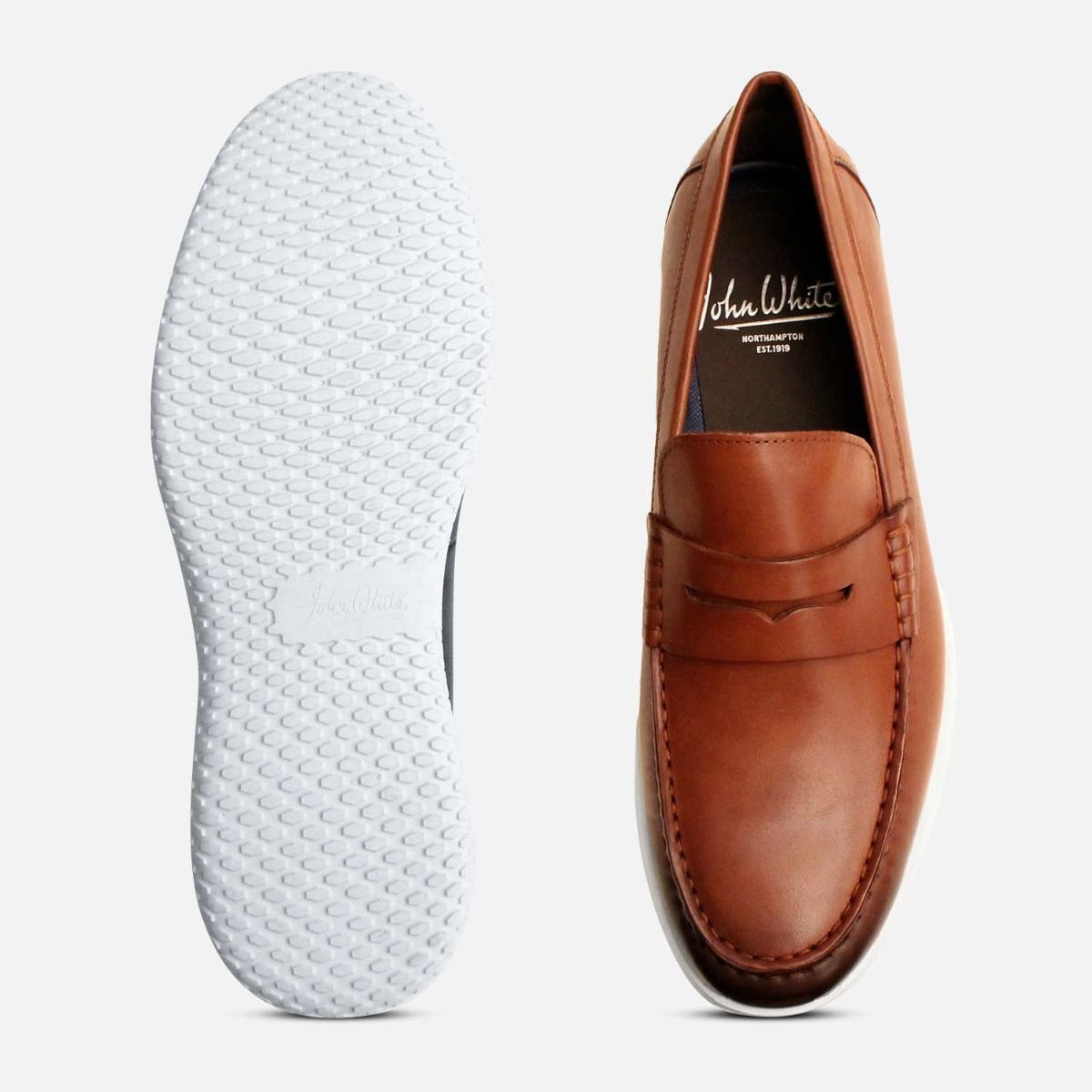 John White Tan Leather White Sole Penny Loafer Shoes UK