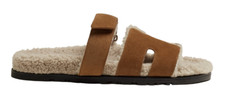 Hermes Chypre Sandal Mens Suede Shearling Fur H Logo Slide Slip On Flat 44 11