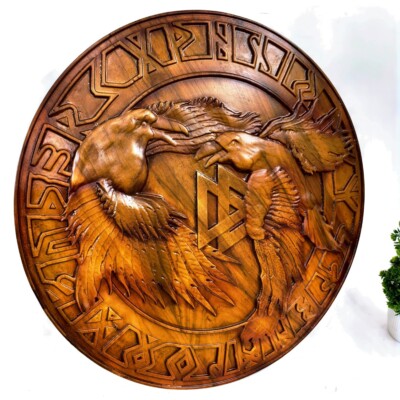  Wooden viking shield, Viking symbol Raven, Viking decor wall art Odin Hugin an