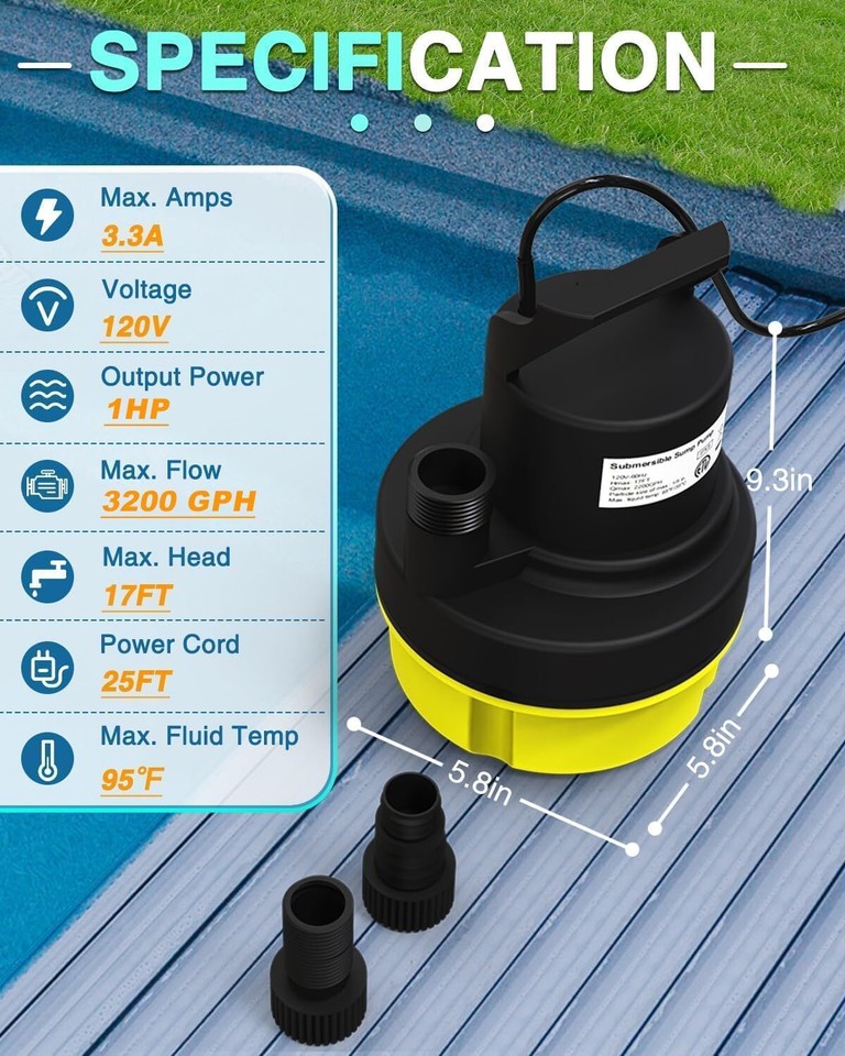 1HP Sump Pump Submersible, 3200GPH Sump Pump Utility Water Pump