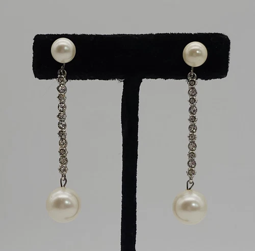 Vintage Faux Pearl & Rhinestone Silver tone Dangling Clip On Earrings