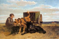 Art Oil painting Henriette Ronner Knip man with dog cart in landscape art