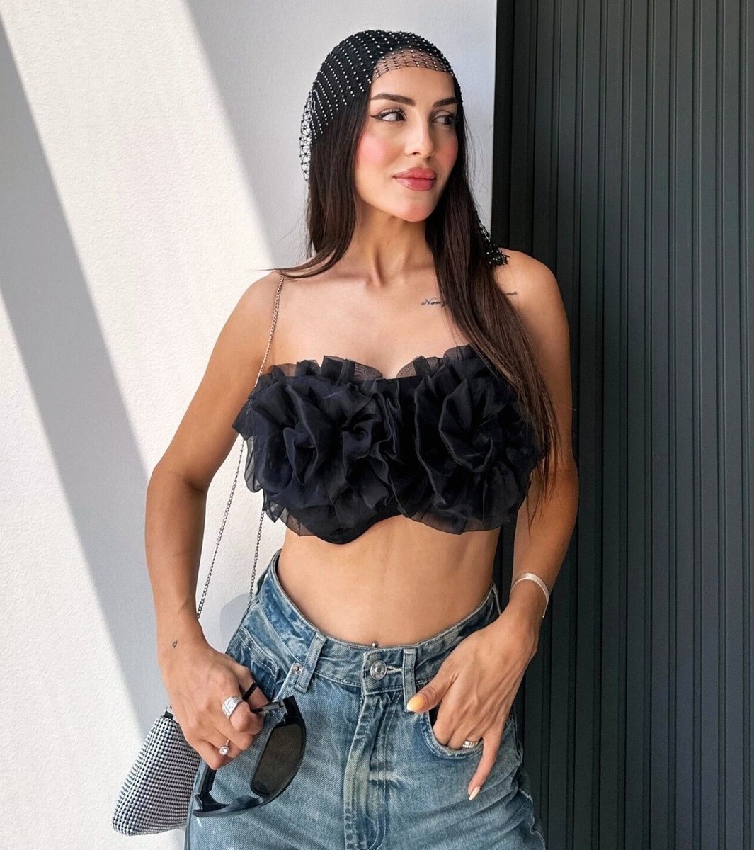 Zara Maxi Organza Flower Floral Bandeau Top Black Size S M 0085