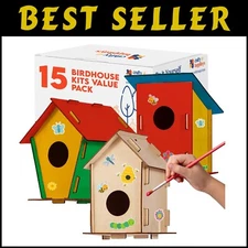 Kids Birdhouse Craft Kit - 15 Unfinished Wood Houses with Paint & Stickers