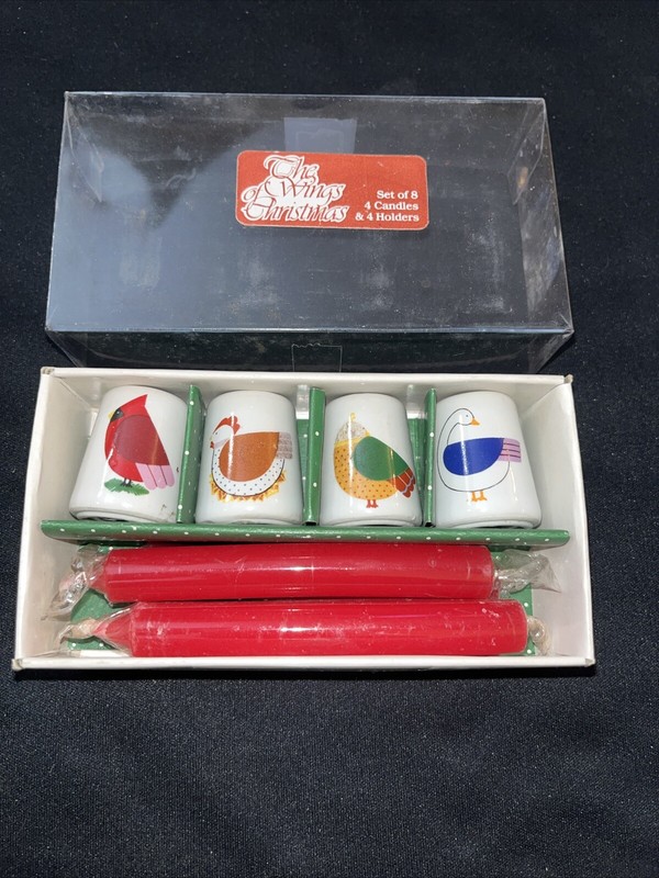 ENESCO DESIGNED GIFTWARE 1986 8 PIECE CANDLE & HOLDERS CERAMIC THE WINGS OF XMAS