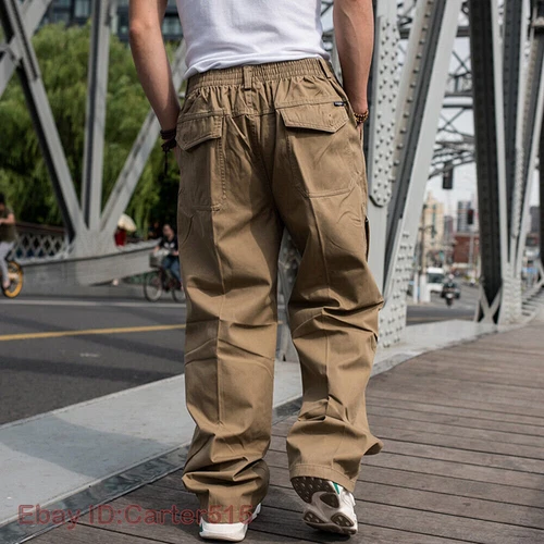 New Women Men Cargo Pants Loose Elastic Waist Khakis Trousers Multi Pocket Jeans - Bild 10 von 21