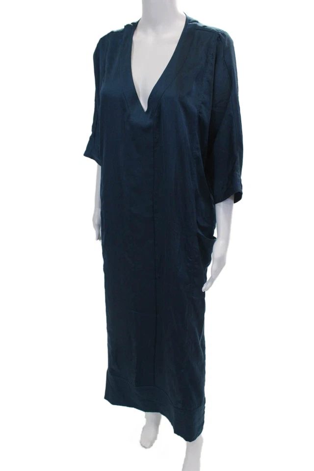 Vestido Donna Karan Mujer Manga Corta Cuello en V Satinado Midi Shift Azul Talla XS Foto 2 de 4