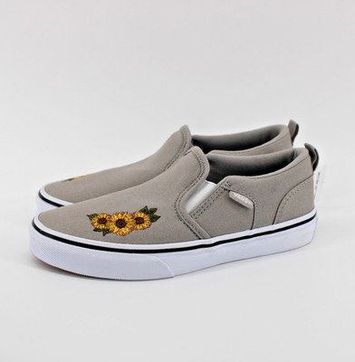 Vans Girl's Asher Embroidery Sunflower Canvas Slip On Skate Shoes Sz 2 Missy NEW