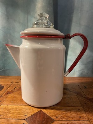 White Red Enamel Stovetop Percolator Glass Lid Shiny Finish pitcher vintage 