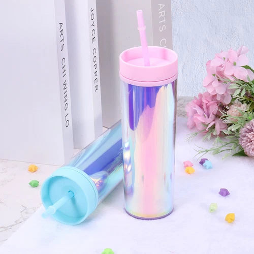Skinny Acrylic Tumbler with Lid & Straw, 16Oz Iridescent Tumblers (Pink) - Picture 4 of 6