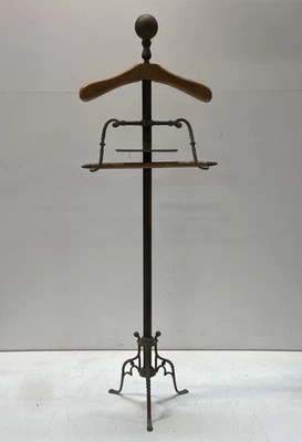 Vintage Victorian Style Oak & Brass Valet Stand Butler Suit Rack Accessory Tray - Image 1 of 4