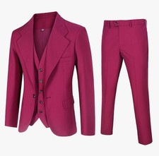 Mens 3 Piece Suit Slim Fit One Button Solid Jacket Vest Pants Large Pink Fuschia