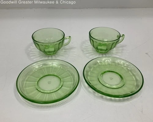 Set of 2 Vintage Green Federal Depression Glass Teacups w/ Matching Saucers